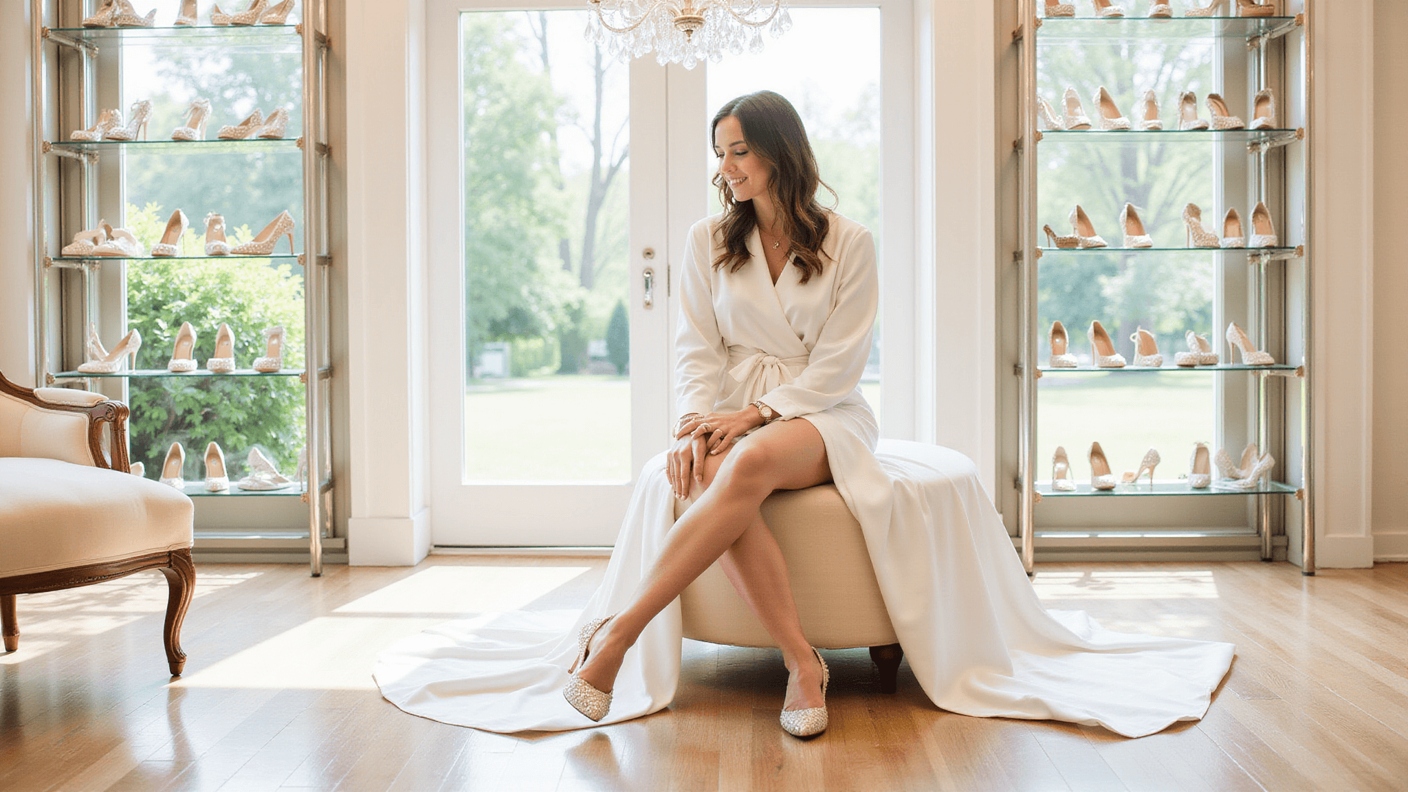 A bride in a white silk robe sits on a cream ottoman in a sunlit bridal boutique, trying on pearl-embellished ivory satin pumps, surrounded by luxury wedding shoes and a sparkling chandelier.
