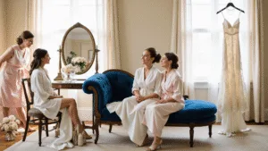 Unforgettable Wedding Photo Ideas That Will Make Your Day Magical A bride in an ivory silk robe sits at a vintage vanity in a sunlit bridal suite, surrounded by her bridesmaids in blush silk robes. An ornate ivory lace wedding gown hangs nearby, with champagne flutes and garden roses adding elegance to the scene, captured in soft focus for a dreamy atmosphere.