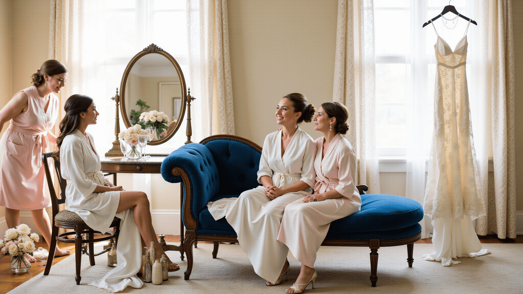 A bride in an ivory silk robe sits at a vintage vanity in a sunlit bridal suite, surrounded by her bridesmaids in blush silk robes. An ornate ivory lace wedding gown hangs nearby, with champagne flutes and garden roses adding elegance to the scene, captured in soft focus for a dreamy atmosphere.