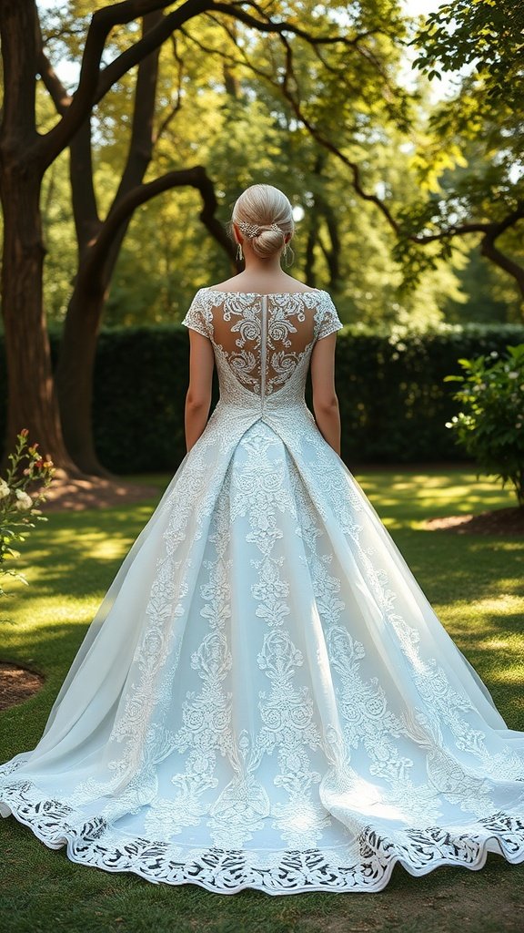 30 Stunning Ball Gowns for Your Next Formal Event A bride wearing a beautiful light blue ball gown with intricate lace detailing in a garden setting