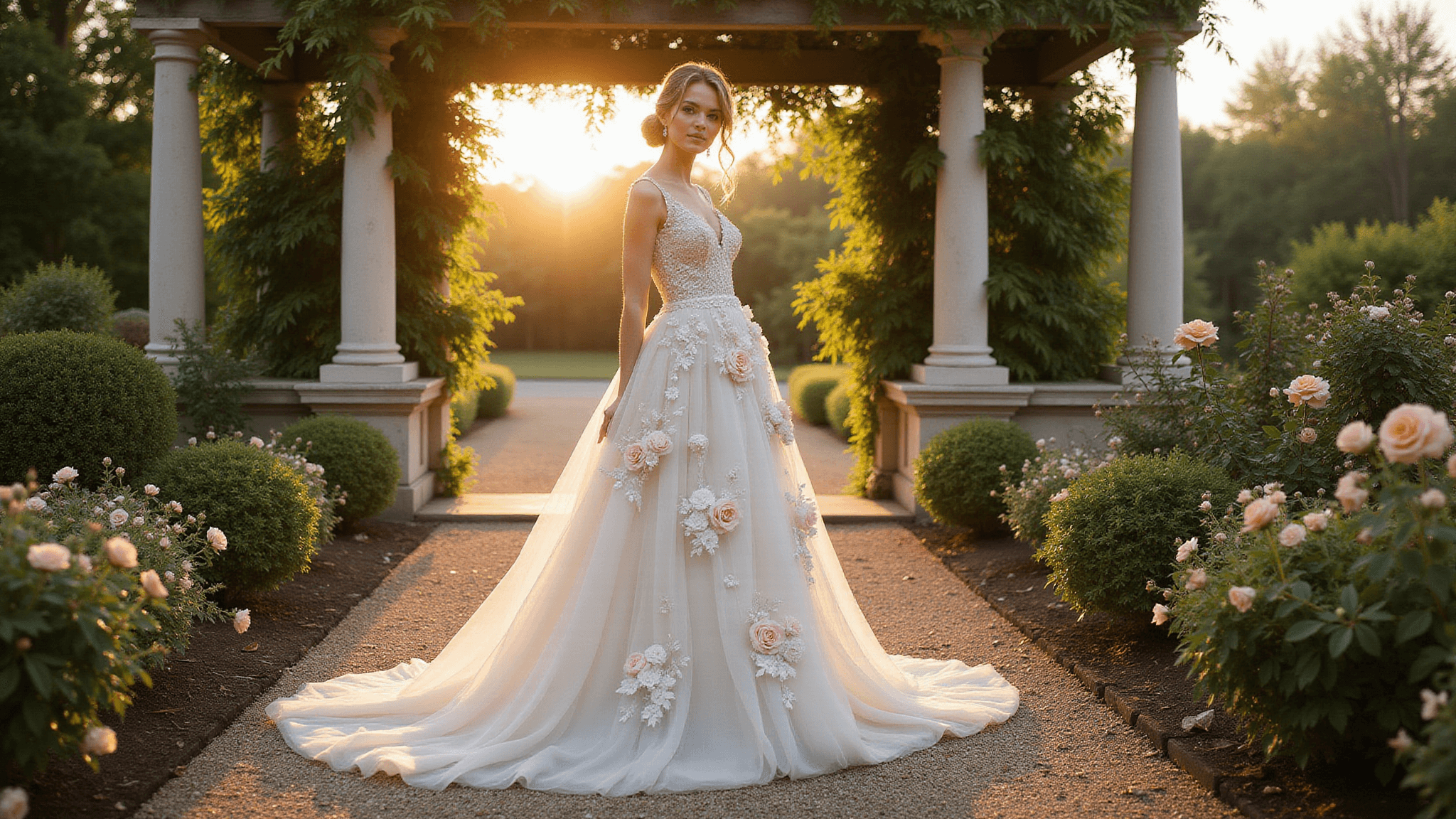 A bride in a floral A-line wedding gown stands in a lush European garden at golden hour, with sunlight filtering through a rose-covered pergola, surrounded by classical stone architecture and blooming roses.