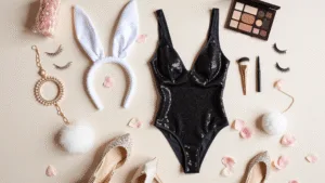 The Ultimate Guide to Rocking a Bunny Halloween Costume (Without Looking Like Everyone Else!) Flatlay of luxurious bunny costume essentials on cream velvet, featuring pearl-studded bunny ears, a black sequined bodysuit, fluffy tail, crystal-embellished stilettos, makeup brushes, false lashes, and bobby pins, with rose gold accessories and rose petals.