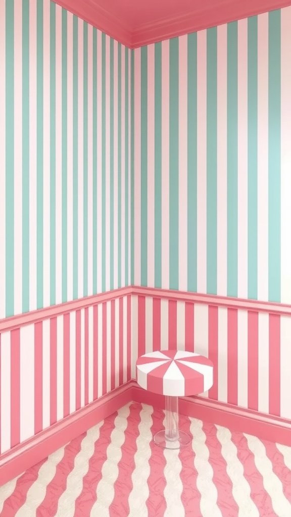 50 Stunning Coquette Wallpaper Designs to Transform Your Space A room with candy-striped wallpaper in pink and mint green, featuring a matching striped stool.