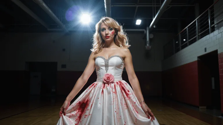 Nailing Your Carrie Halloween Costume (Without Breaking the Bank!) A young woman in a vintage white prom dress with blood splatter, adorned with rhinestones, stands in a dimly lit gymnasium. Her hair is styled in 70s waves, and she wears pale makeup with a blood-stained pink rose corsage, illuminated by dramatic overhead lighting.