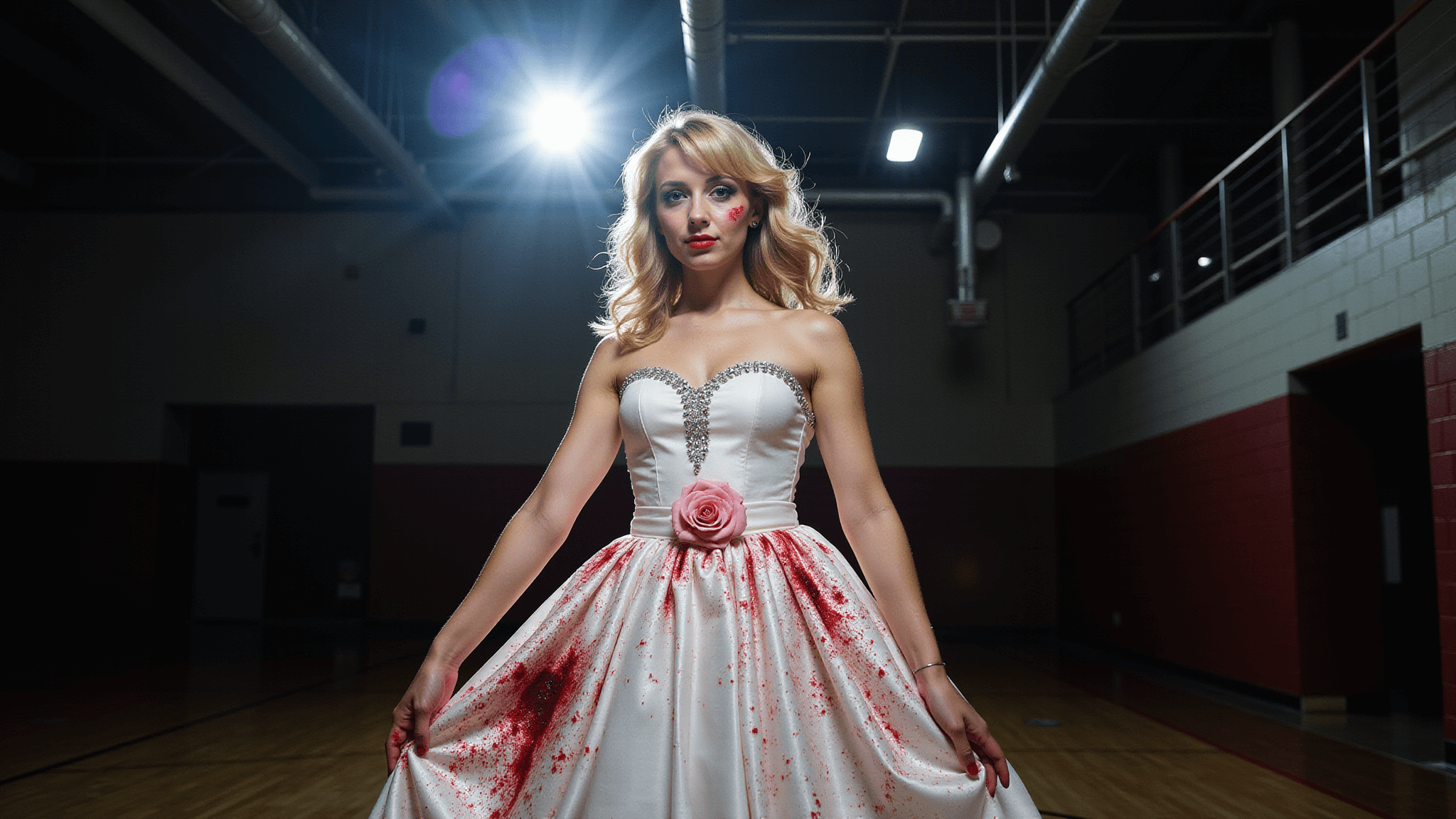 A young woman in a vintage white prom dress with blood splatter, adorned with rhinestones, stands in a dimly lit gymnasium. Her hair is styled in 70s waves, and she wears pale makeup with a blood-stained pink rose corsage, illuminated by dramatic overhead lighting.