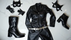 THE ULTIMATE GUIDE TO ROCKING A CATWOMAN COSTUME THIS HALLOWEEN Flat lay of a Catwoman costume on a white marble background, featuring a black leather catsuit, patent leather boots, satin gloves, studded eye mask, and silver utility belt, enhanced by dramatic side lighting.