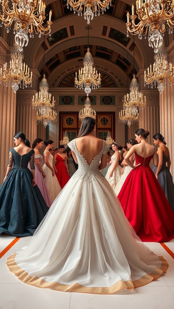 30 Stunning Ball Gowns for Your Next Formal Event A group of women in elegant ball gowns under ornate chandeliers