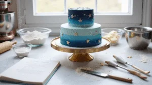 Aesthetic Birthday Cake: A Stunning Celebration Masterpiece A close-up of a professional baking workspace featuring a stunning three-tiered celestial birthday cake on a gold stand, with ombre blue buttercream and white constellation details. The organized setup includes clear bowls of ingredients, professional tools, and a marble countertop with flour dust and golden star sprinkles, all illuminated by soft natural light.