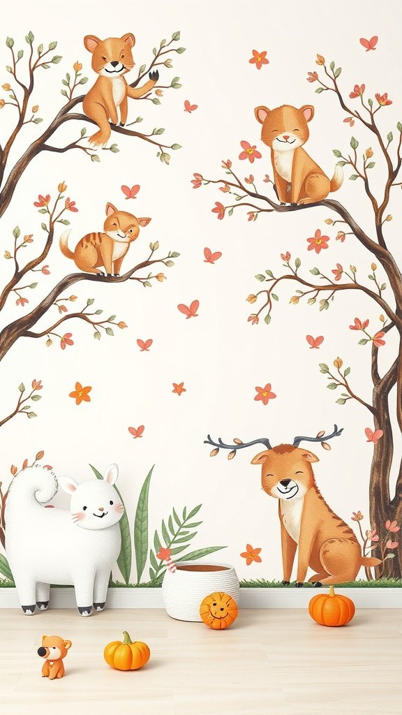 50 Stunning Coquette Wallpaper Designs to Transform Your Space Charming animal illustrations on coquette wallpaper featuring foxes, bears, and a deer among flowers and butterflies.