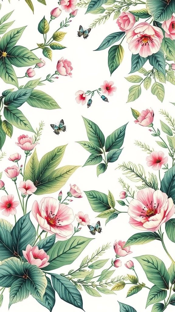 50 Stunning Coquette Wallpaper Designs to Transform Your Space Floral and botanical coquette wallpaper design with pink flowers and green leaves