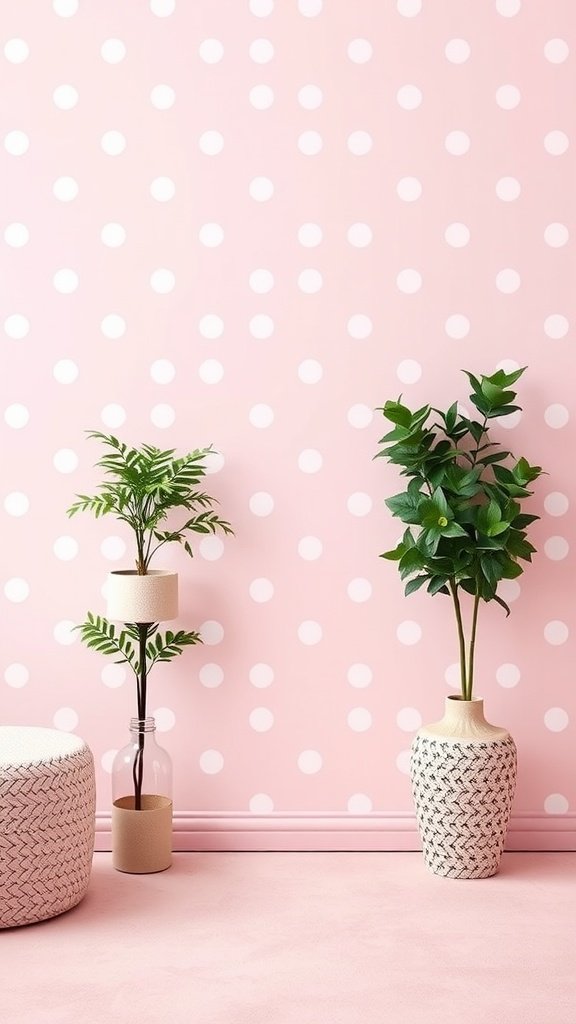 50 Stunning Coquette Wallpaper Designs to Transform Your Space A room with pink coquette wallpaper featuring white polka dots, decorated with plants and a woven pouf.