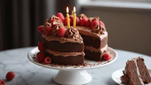 CHOCOLATE BIRTHDAY CAKE: THE ULTIMATE CROWD-PLEASING DESSERT Luxurious two-layer chocolate birthday cake on a white ceramic stand, adorned with fresh raspberries, golden candles, and chocolate decorations, shot in soft natural light with a blurred marble countertop background.