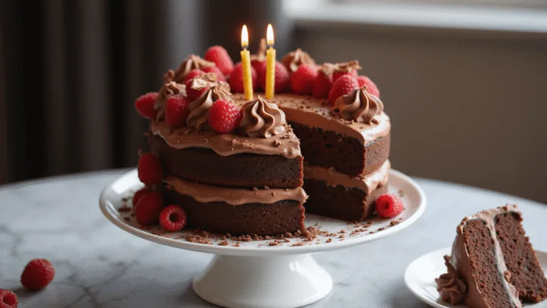 CHOCOLATE BIRTHDAY CAKE: THE ULTIMATE CROWD-PLEASING DESSERT Luxurious two-layer chocolate birthday cake on a white ceramic stand, adorned with fresh raspberries, golden candles, and chocolate decorations, shot in soft natural light with a blurred marble countertop background.