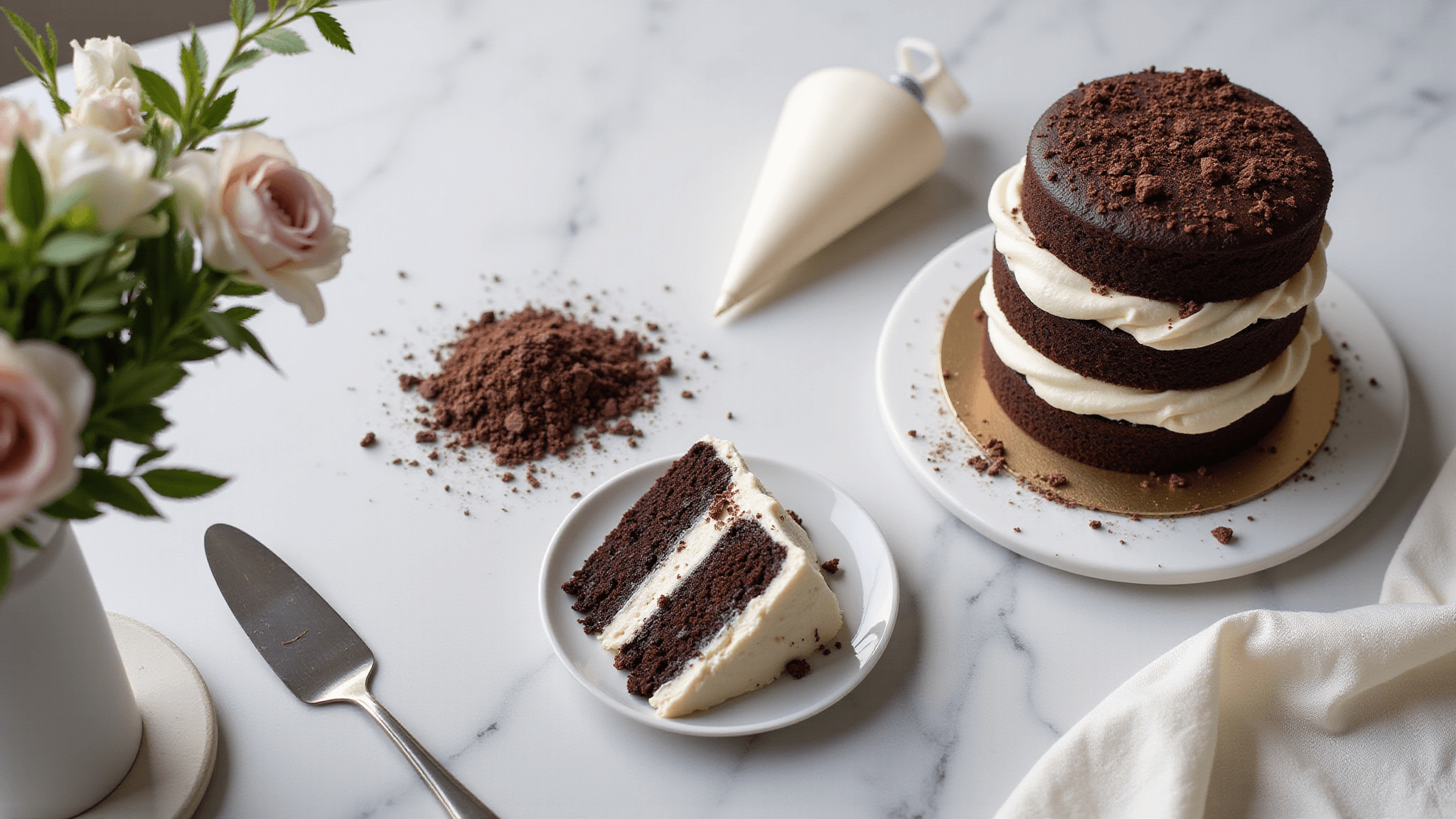 A three-tiered chocolate wedding cake with white buttercream and dark chocolate shavings, being assembled on a white marble countertop, surrounded by pastry tools and adorned with fresh white and blush flowers, captured in hyperrealistic detail with soft natural lighting.