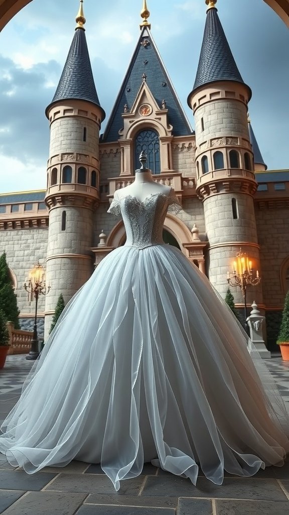 30 Stunning Ball Gowns for Your Next Formal Event Cinderella-inspired ball gown displayed in front of a fairy tale castle.