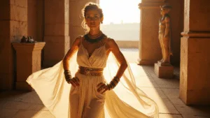 The Ultimate Nailing Your Cleopatra Halloween Costume Regal woman in a flowing white silk dress with gold accents, adorned with Egyptian jewelry, posing in a sunlit museum gallery surrounded by ancient artifacts and limestone columns.