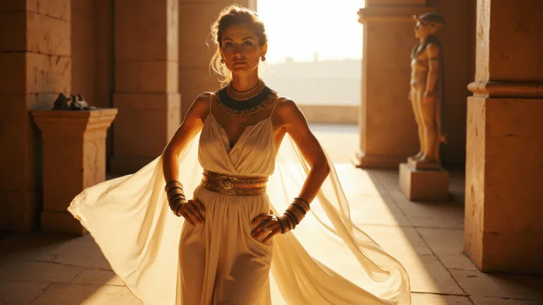 The Ultimate Nailing Your Cleopatra Halloween Costume Regal woman in a flowing white silk dress with gold accents, adorned with Egyptian jewelry, posing in a sunlit museum gallery surrounded by ancient artifacts and limestone columns.