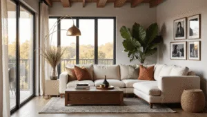 How to Create a Cozy Living Room That Actually Gets Used A luxurious living room bathed in soft golden hour light, featuring a cream L-shaped sofa, vintage Persian rug, and a walnut coffee table with decorative items, complemented by a modern brass floor lamp and a fiddle leaf fig plant.