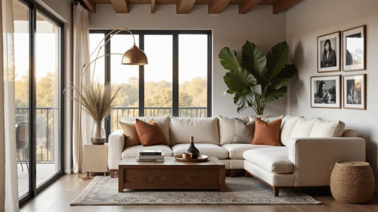 How to Create a Cozy Living Room That Actually Gets Used A luxurious living room bathed in soft golden hour light, featuring a cream L-shaped sofa, vintage Persian rug, and a walnut coffee table with decorative items, complemented by a modern brass floor lamp and a fiddle leaf fig plant.