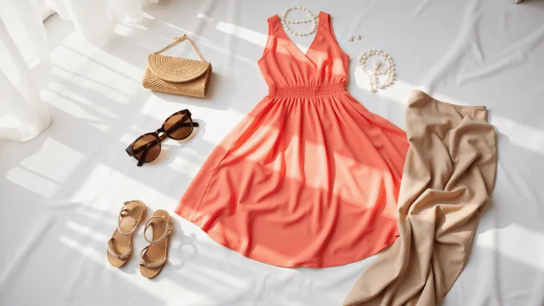 Beach Wedding Guest Dress: What to Wear in 2025 Flat lay of a coral chiffon maxi dress on white linen, accompanied by a straw clutch, pearl drop earrings, metallic sandals, oversized tortoiseshell sunglasses, and a champagne silk wrap, with soft shadows from natural sunlight.