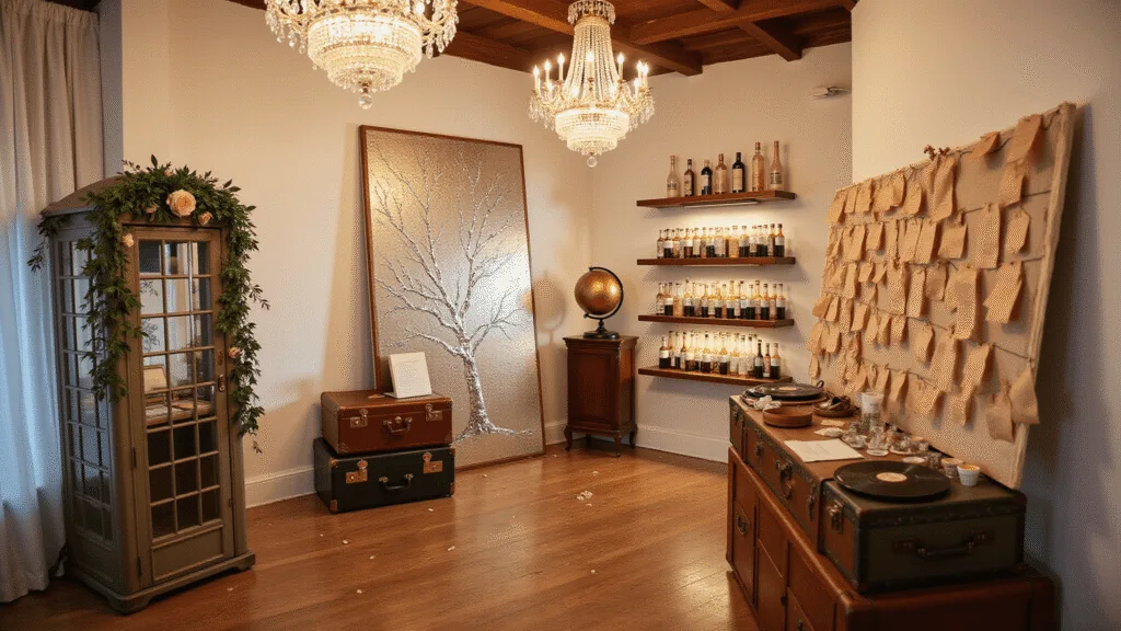 Unique Wedding Guest Book Ideas: Capturing Memories Beyond Signatures A luxurious wedding reception featuring creative guest book stations, including a vintage telephone booth audio recording station, a thumbprint tree canvas, an antique globe and suitcases vignette, and a mid-century record player display, all set in an elegantly decorated space with soft ambient lighting and rose petals.