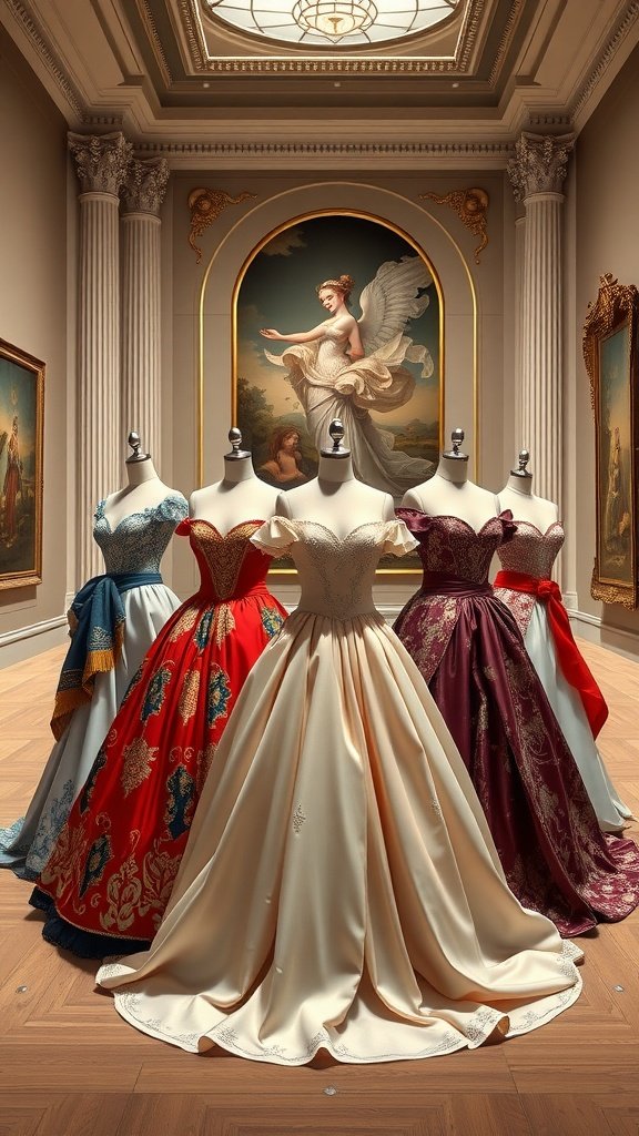 30 Stunning Ball Gowns for Your Next Formal Event A display of elegant ball gowns in a gallery setting, showcasing diverse styles and colors.