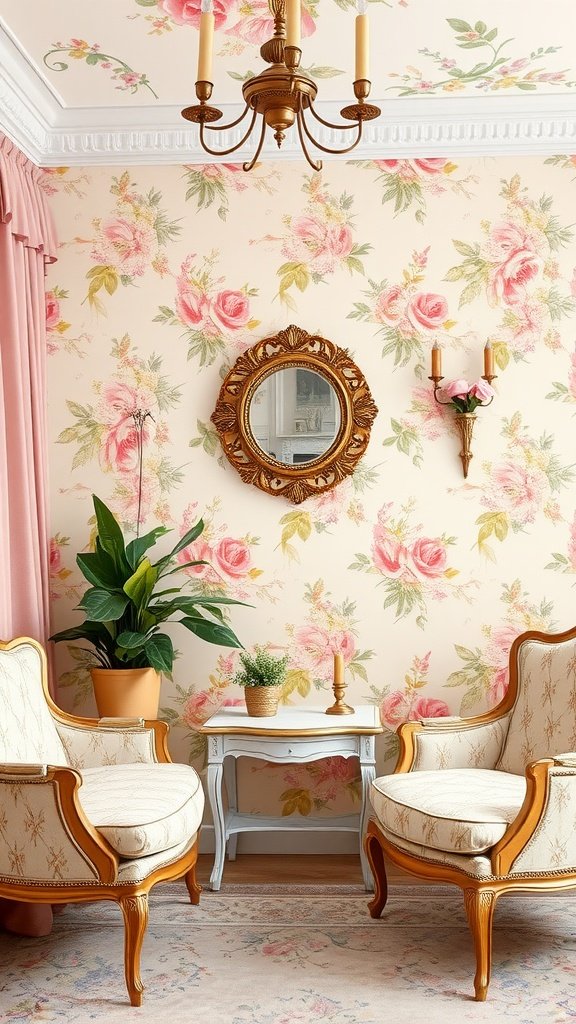 50 Stunning Coquette Wallpaper Designs to Transform Your Space A cozy room featuring coquette wallpaper with pink roses, vintage chairs, and a decorative mirror.
