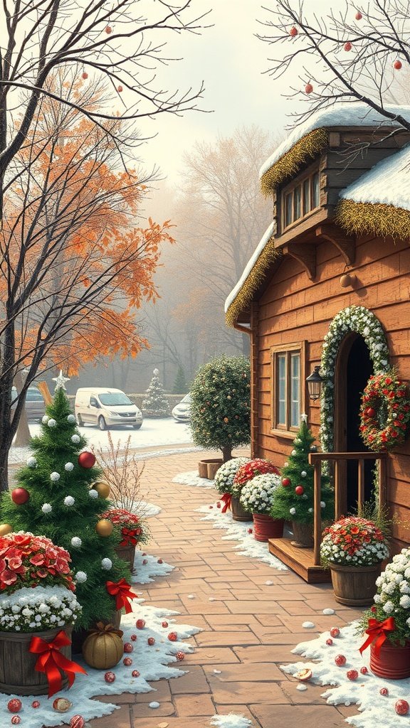50 Stunning Coquette Wallpaper Designs to Transform Your Space A cozy cabin decorated for winter with Christmas trees, flowers, and snow.