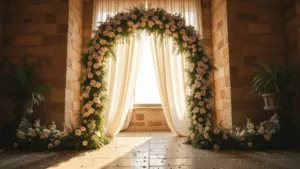 Transform Your Wedding with Stunning Floral Decor: A Complete Guide to Creating Magic Photorealistic interior of a wedding chapel featuring a dramatic 15-foot floral arch with cascading white calla lilies and phalaenopsis orchids, illuminated by golden hour sunlight filtering through sheer drapery, with white rose petals on natural stone flooring and ethereal mist particles in the air.