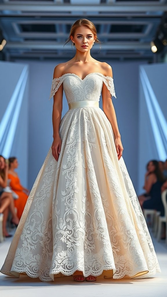 30 Stunning Ball Gowns for Your Next Formal Event A model wearing a stunning off-shoulder ball gown with lace detailing, walking down a runway.