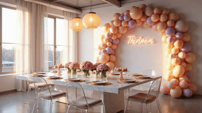 13 Epic 13th Birthday Party Ideas That'll Make Her Feel Like a Teen Queen A photorealistic image of a modern minimalist loft party featuring a marble dining table with pastel floral arrangements, blush velvet ghost chairs, gold-rimmed tableware, and a pastel balloon installation, all illuminated by soft ambient lighting during golden hour.