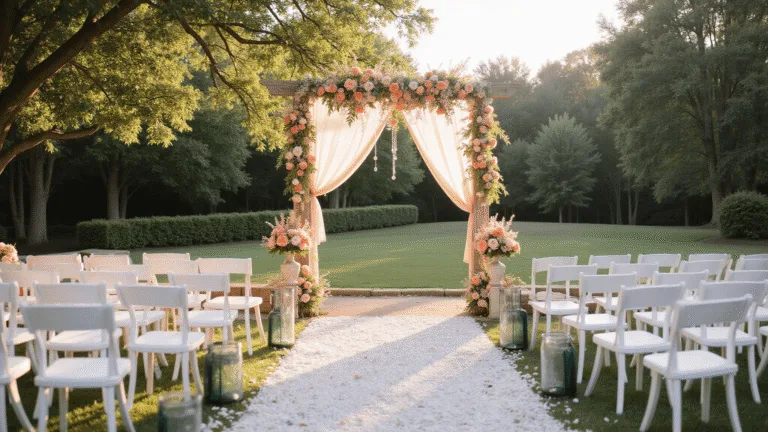 Peach Wedding Flowers: Your Ultimate Romantic Guide A romantic garden wedding ceremony at golden hour, featuring rows of white chairs, a floral-draped wooden arch, and warm sunlight filtering through sheer fabric, creating an ethereal atmosphere with crystal chandeliers and fairy lights.