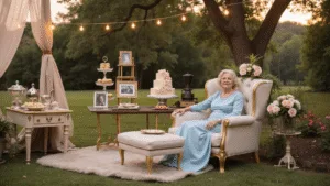 Celebrating 90 Years: The Ultimate Guide to an Unforgettable Birthday Bash An elegantly dressed 90-year-old woman in a vintage blue dress sits in a plush ivory armchair amidst a luxurious garden party, featuring a golden anniversary cake, a chocolate fountain, and twinkling lights, creating an intimate, nostalgic atmosphere.