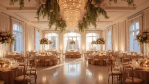 Wedding Ideas: Creative Inspiration for Your Dream Celebration A luxurious ballroom wedding reception featuring elegant blush silk-covered tables, towering floral centerpieces, and warm golden lighting from crystal chandeliers, with a marble dance floor and vintage lounge areas.