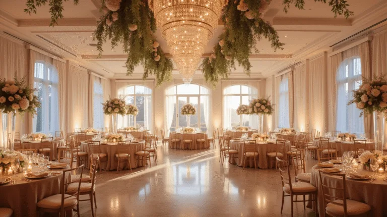 Wedding Ideas: Creative Inspiration for Your Dream Celebration A luxurious ballroom wedding reception featuring elegant blush silk-covered tables, towering floral centerpieces, and warm golden lighting from crystal chandeliers, with a marble dance floor and vintage lounge areas.