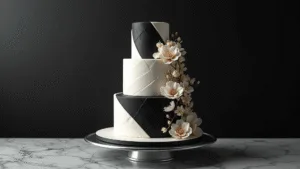 Classic Black and White Wedding Cake Elegant three-tiered wedding cake in black and white, featuring geometric patterns and delicate sugar flowers, displayed on a silver pedestal with dramatic lighting and a marble background.