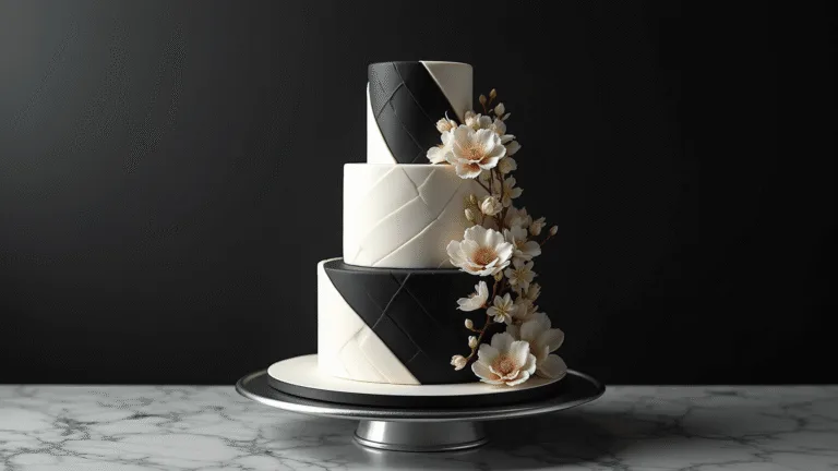 Classic Black and White Wedding Cake Elegant three-tiered wedding cake in black and white, featuring geometric patterns and delicate sugar flowers, displayed on a silver pedestal with dramatic lighting and a marble background.