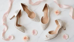 10 Comfy Wedding Shoes That Won't Kill Your Feet (I Promise!) Elegant bridal shoes collection displayed on white marble, featuring block heels and pearl-adorned flats with crystal embellishments, accented by blush silk ribbons and scattered rose petals.