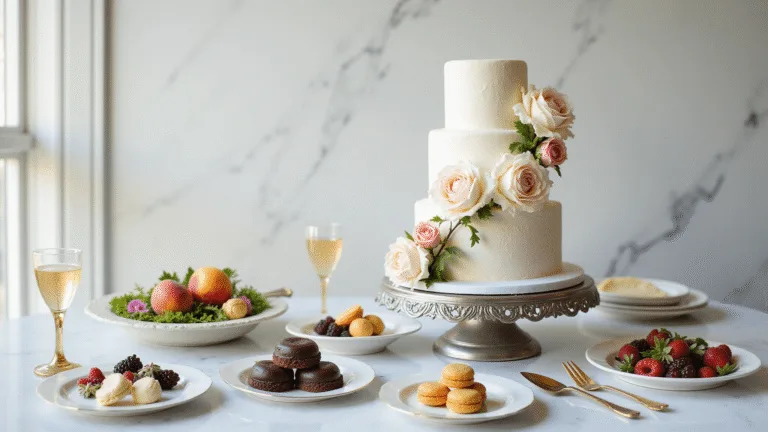 WEDDING CAKE FLAVORS: THE ULTIMATE FLAVOR GUIDE A luxurious 4-tier wedding cake on a silver stand, adorned with sugar flowers and flavor sample plates, set against a marble backdrop with natural lighting.