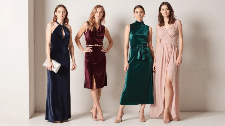 The Ultimate Guide to Nailing Cocktail Dress Style for Wedding Guests A collection of elegant cocktail dresses in jewel tones and pastels, featuring emerald satin, burgundy velvet, and dusty rose chiffon, styled with metallic accessories against a minimalist studio backdrop.