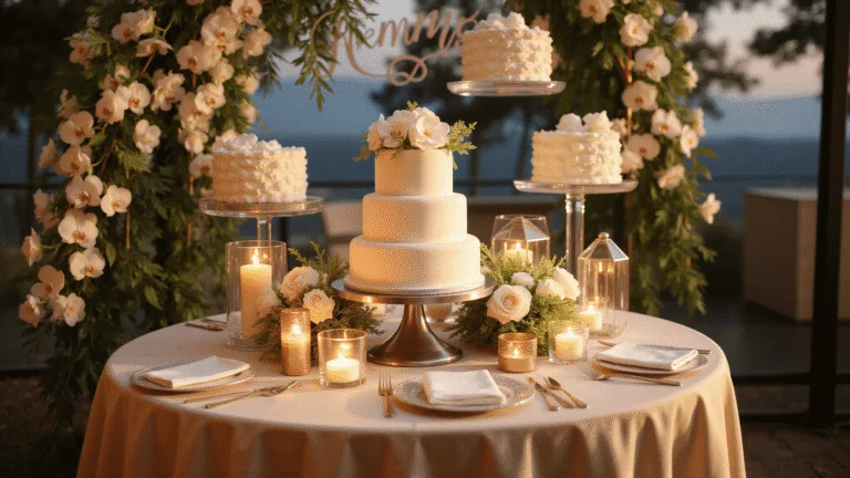 ULTIMATE WEDDING CAKE TABLE GUIDE: Creating Your Dream Reception Centerpiece A luxurious wedding cake display on a champagne silk-draped table, featuring a three-tiered white cake with floral accents, surrounded by candlelight and modern geometric elements, all captured in soft golden hour lighting.