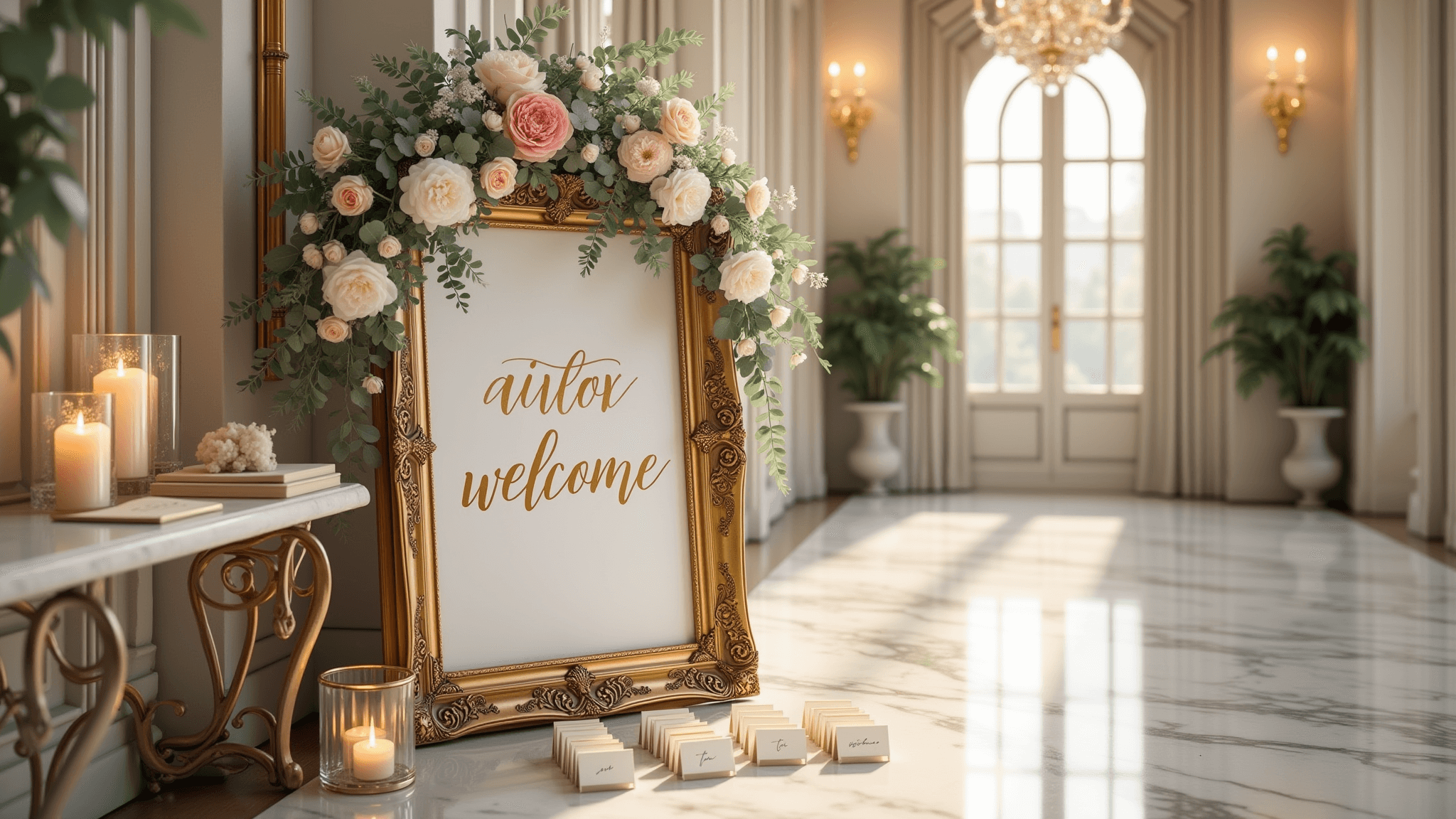 Photorealistic wedding entrance scene featuring a gold-framed welcome sign adorned with fresh blush roses, white peonies, and eucalyptus, set on a vintage marble console table. Ambient lighting from crystal candleholders and scattered cream place cards create an elegant atmosphere in a grand ballroom with soaring ceilings and chandeliers. Soft blush, ivory, and gold color palette with muted sage green accents.