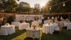 Unforgettable 80th Birthday Party Ideas: Making Milestone Magic Happen A sophisticated garden party for an 80th birthday celebration, featuring circular tables with white linens, floral centerpieces, string lights, a timeline of sepia-toned photos, a vintage jukebox, and guests in period attire enjoying an ornate dessert cart, all captured in warm golden hour light.
