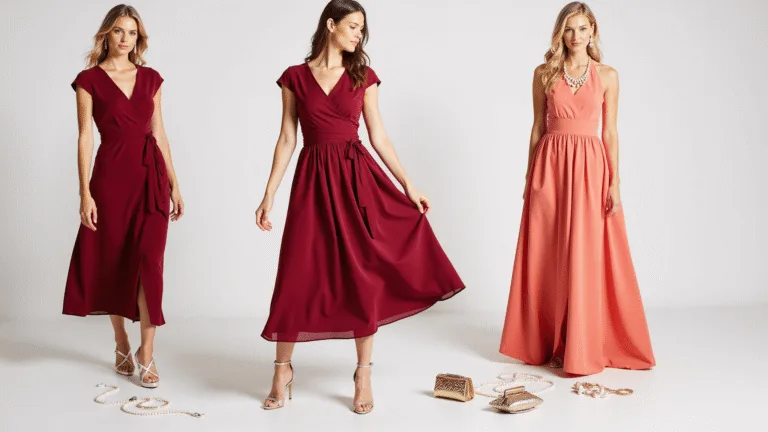 Red Wedding Guest Dresses: Your Complete Style Guide for 2024 Three elegant red dresses—wine-colored wrap dress, cherry-red midi with cap sleeves, and coral A-line dress—arranged on a white backdrop with gold and silver accessories, shot in soft natural lighting from a 45-degree elevated angle.