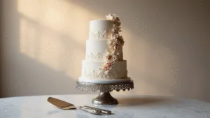 Ultimate Guide to Three-Tier Wedding Cakes: Perfection from Top to Bottom Luxurious three-tier wedding cake on ornate silver pedestal, featuring smooth ivory buttercream and cascading blush pink and ivory sugar flowers, with pearl detailing and lace-like piping, in soft golden hour lighting.