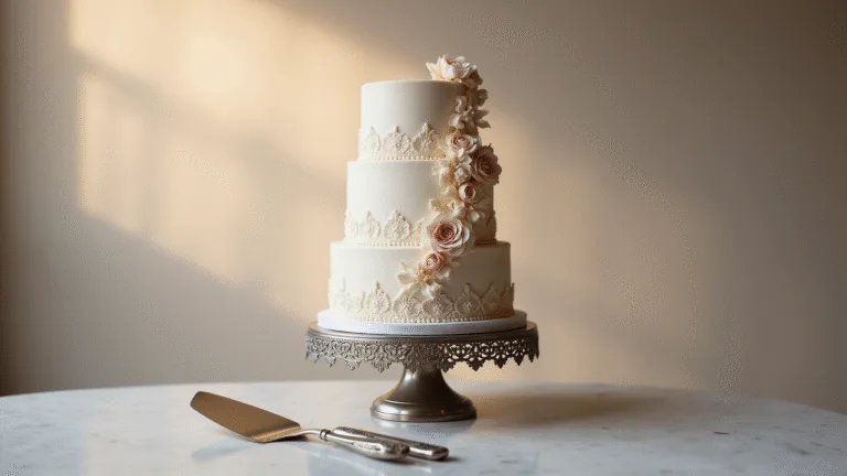 Ultimate Guide to Three-Tier Wedding Cakes: Perfection from Top to Bottom Luxurious three-tier wedding cake on ornate silver pedestal, featuring smooth ivory buttercream and cascading blush pink and ivory sugar flowers, with pearl detailing and lace-like piping, in soft golden hour lighting.