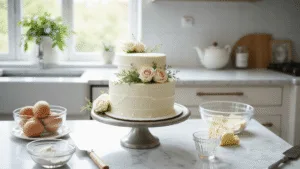 Simple Wedding Cake: Your Perfect DIY Celebration Centerpiece A beautifully arranged two-tier wedding cake on a marble countertop, adorned with fresh roses and baby's breath, surrounded by baking ingredients and tools, in a bright, airy kitchen filled with natural light.