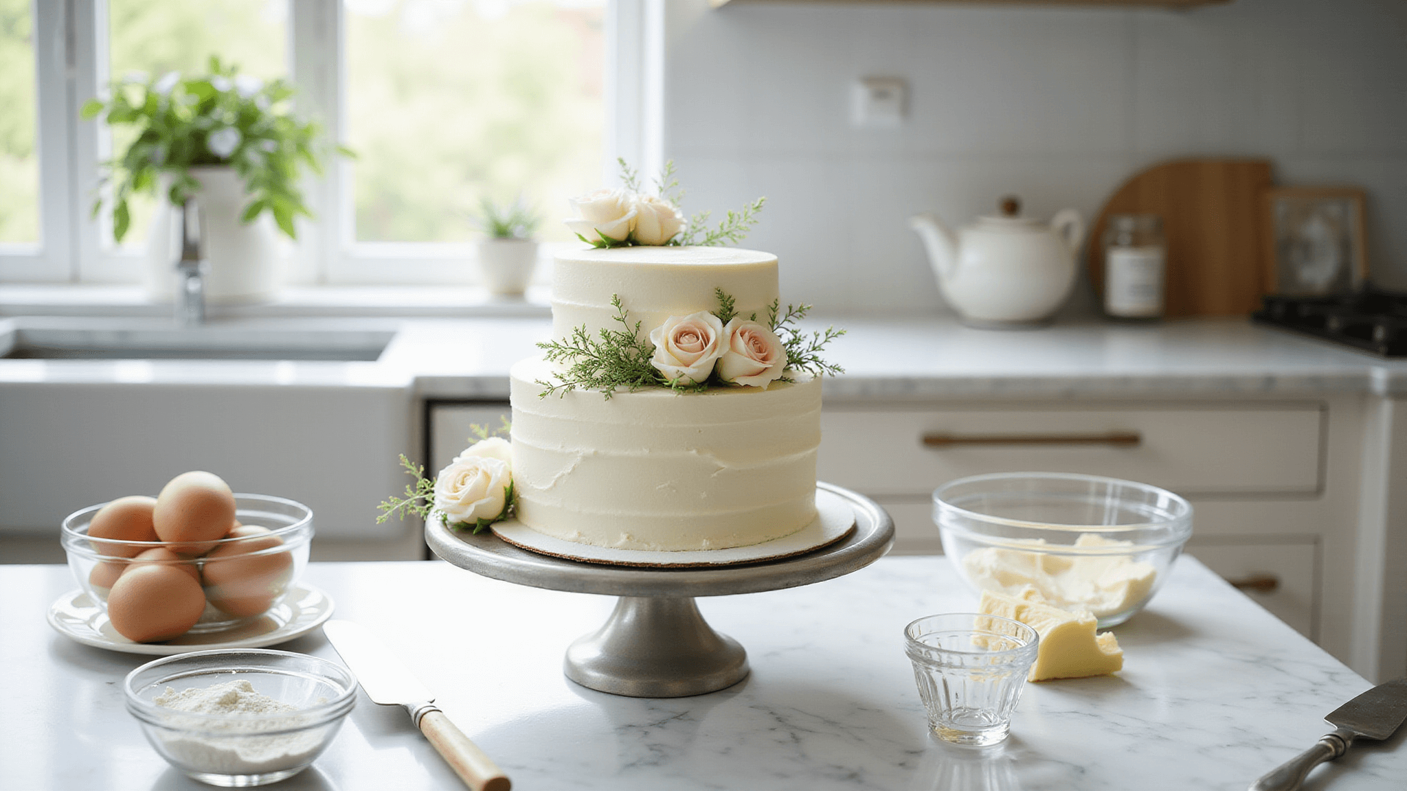 A beautifully arranged two-tier wedding cake on a marble countertop, adorned with fresh roses and baby's breath, surrounded by baking ingredients and tools, in a bright, airy kitchen filled with natural light.