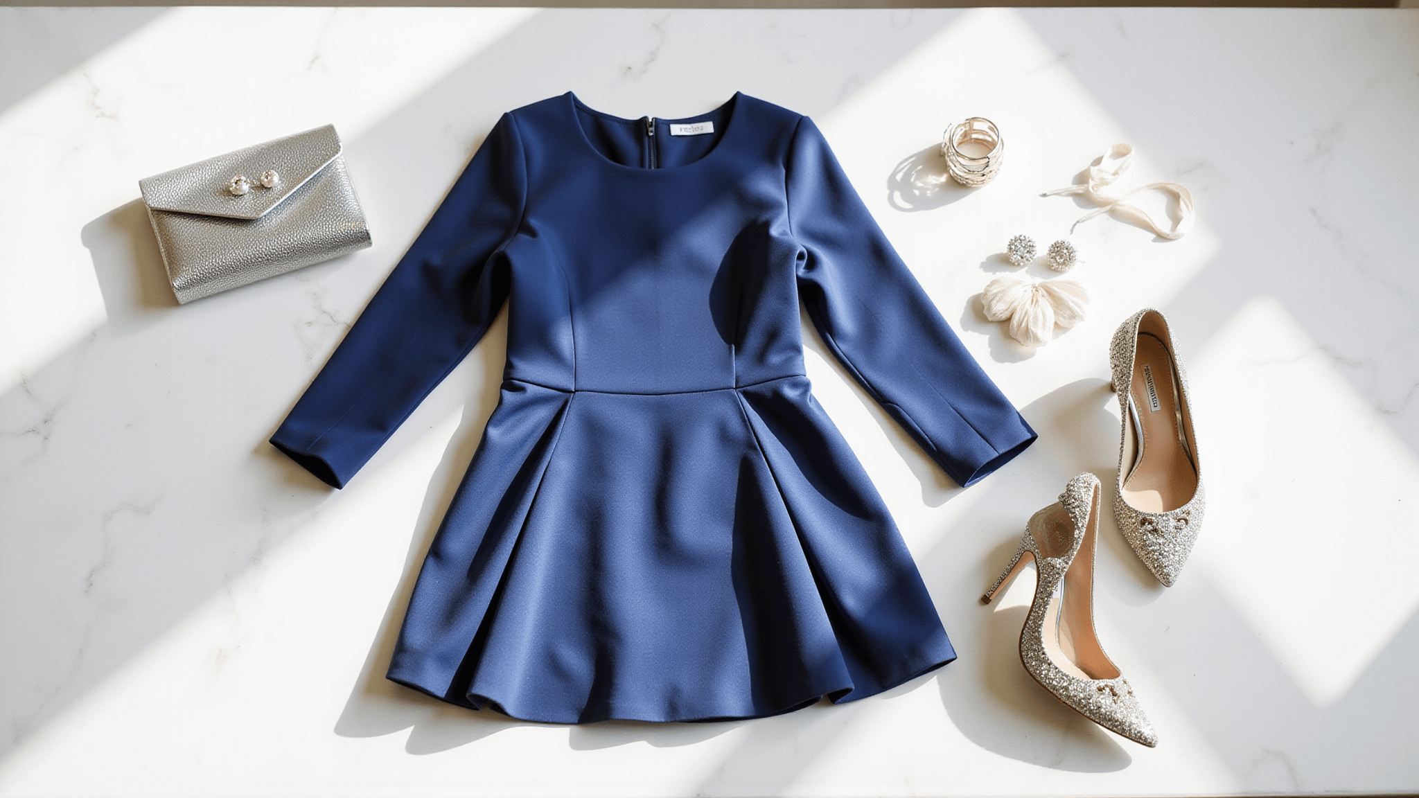 High-end fashion flatlay of a navy mini dress, crystal-embellished silver pumps, delicate earrings, and metallic clutch on a white marble surface, styled with pearl hairpins and silk ribbon in natural daylight.