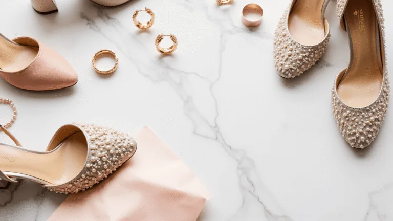 Wedding Guest Shoes: Your Ultimate Elegant flat lay of luxury wedding guest shoes on a white marble surface, featuring champagne block heels, pearl-embellished flats, and velvet smoking slippers, with rose gold accessories and blush tissue paper accentuating the composition.